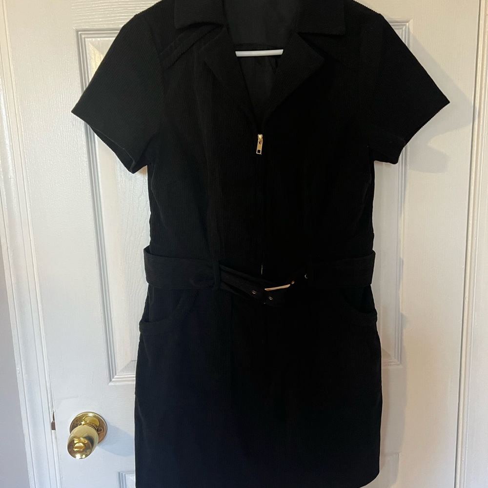 Women’s Corduroy Zip Up, Black Belted Dress - Picture 3 of 5